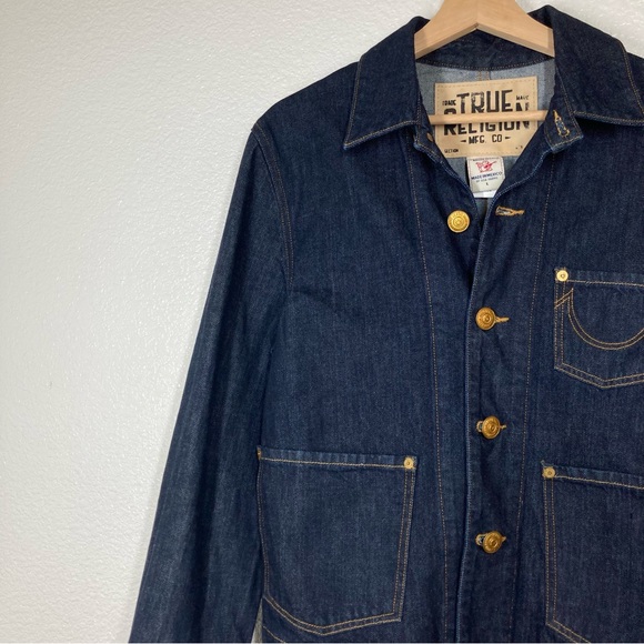 True Religion Denim Jacket Womens Large Button Up Collared Trucker Dark Wash - Picture 7 of 16